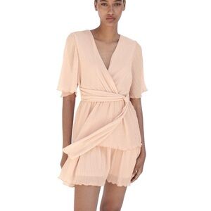 Zara Blush Pink Plisse Pleated Faux Wrap Layered Mini Dress - L
